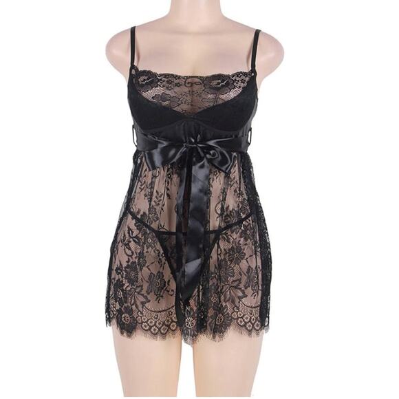 Slinky Black Floral Lacy Babydoll Lingerie with Eyelash Accents S/M - Picture 9 of 10